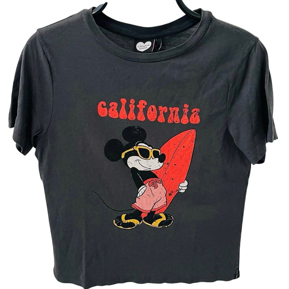 Catwalk Junkie Mickey Mouse California Surfboard Graphic T-Shirt Washed Black XS